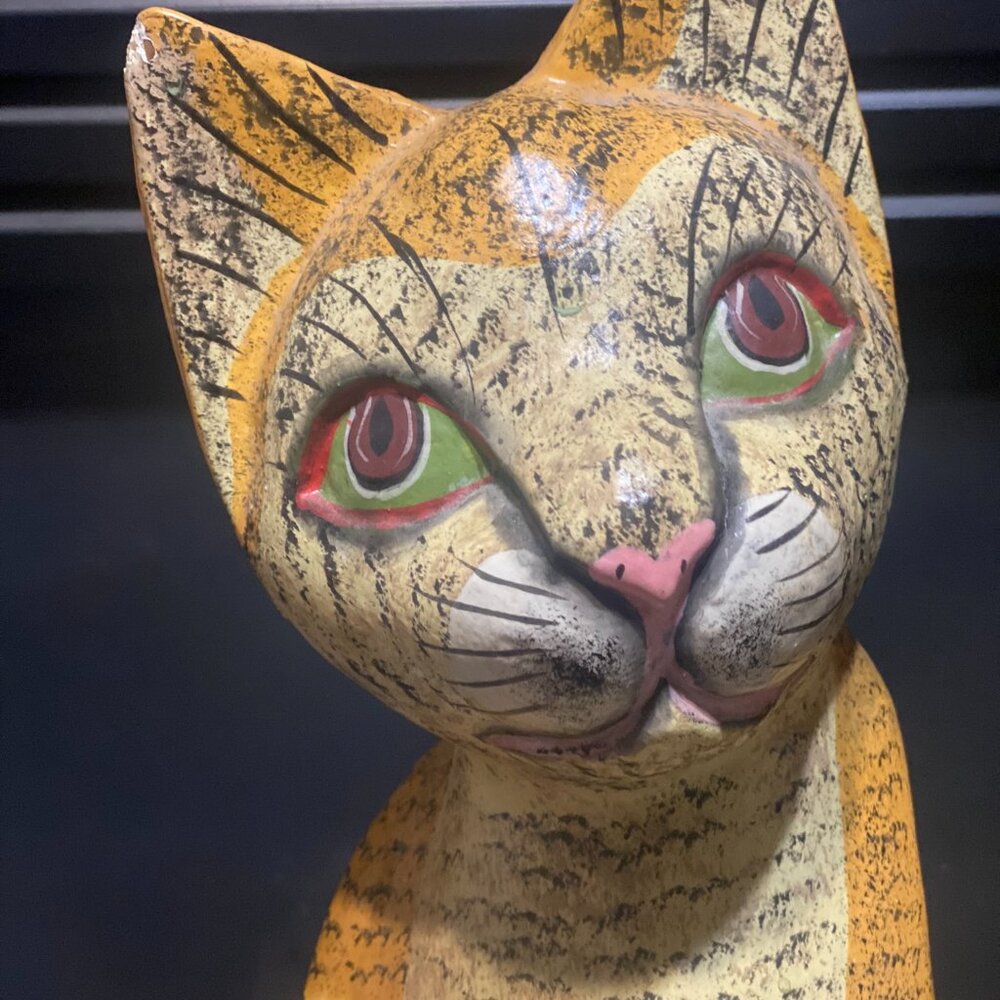 Vintage Hand Carved Wooden Cat Sculptures Pair Tall 32" Folk Art Indonesia MCM - Picture 2 of 11